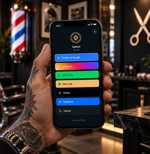 Página de Ophiel abierta en el móvil con botones de reseña en Google, Instagram, WhatsApp, web, TikTok y Facebook
