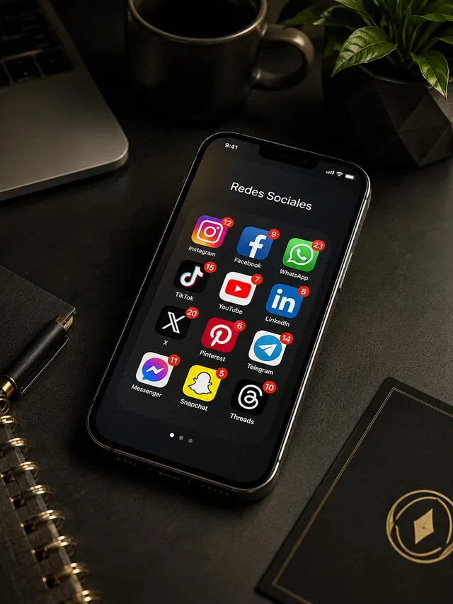 Pantalla de móvil con iconos de redes sociales — Instagram, Facebook, WhatsApp, TikTok y más