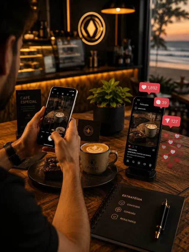Cliente fotografiando café con el móvil junto a la publicación de Instagram con métricas de curtidas, comentarios y compartidos