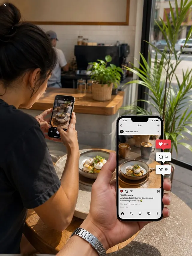 Cliente fotografiando un plato en una cafetería y publicación del post en Instagram con curtidas, comentarios y compartidos