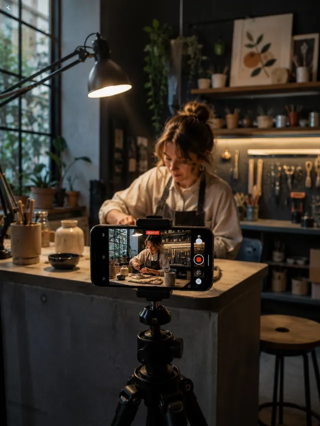 Grabación de vídeo con móvil en trípode para contenido de marketing en restaurante