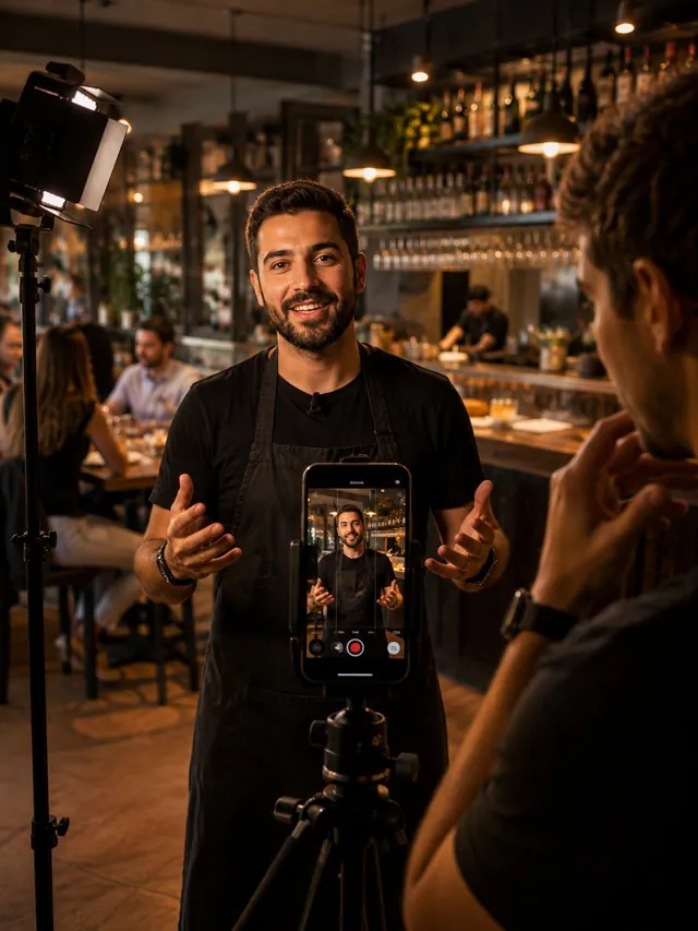 Grabación de vídeo con smartphone en trípode, iluminación profesional, en el interior de un restaurante