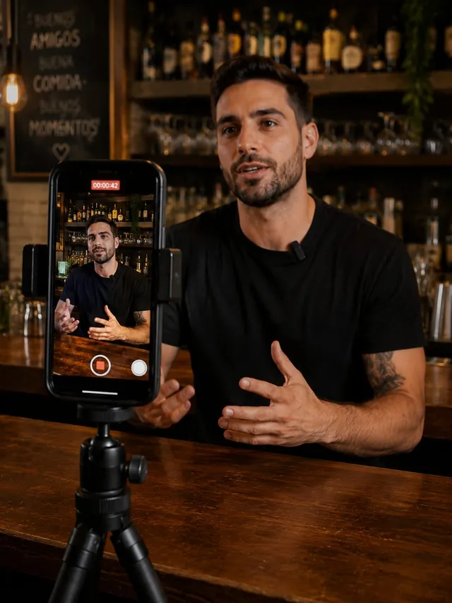Grabación de vídeo con smartphone en trípode y ring light, en una mesa de trabajo