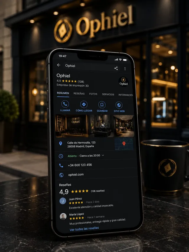 Perfil de Google Business de Ophiel en el móvil, con reseñas y valoración de 4,9 estrellas