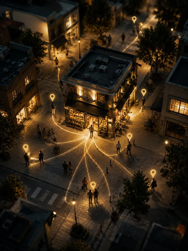 Vista aérea de una calle comercial de noche con marcadores de ubicación conectando personas a un negocio