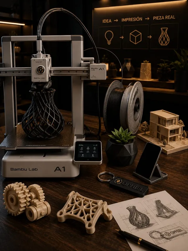 Impresora 3D Bambu Lab fabricando una pieza, con productos terminados y llavero personalizado de Ophiel