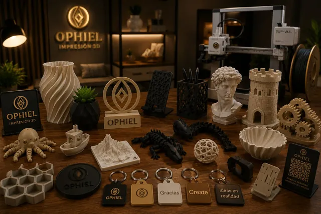 Mesa con múltiples piezas impresas en 3D con la marca Ophiel: jarrones, llaveros, bustos, torres y figuras
