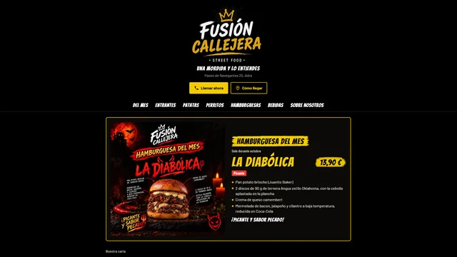 Carta digital de Fusión Callejera, street food en Adra: hamburguesa del mes, entrantes, patatas, perritos y bebidas, diseñada por Ophiel