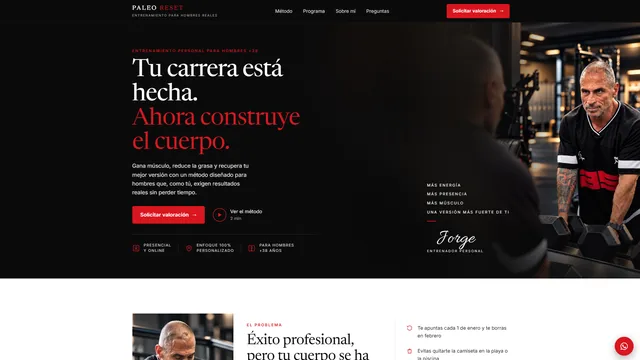 Página web de Paleo Reset, entrenamiento personal para hombres, diseñada por Ophiel